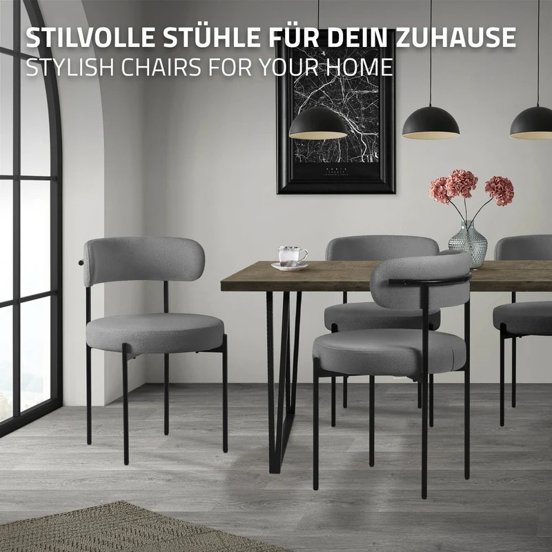 Esszimmerstuhl 6er Set mit Teddystoff mit Rückenlehne Grau Küchenstuhl ML-Design