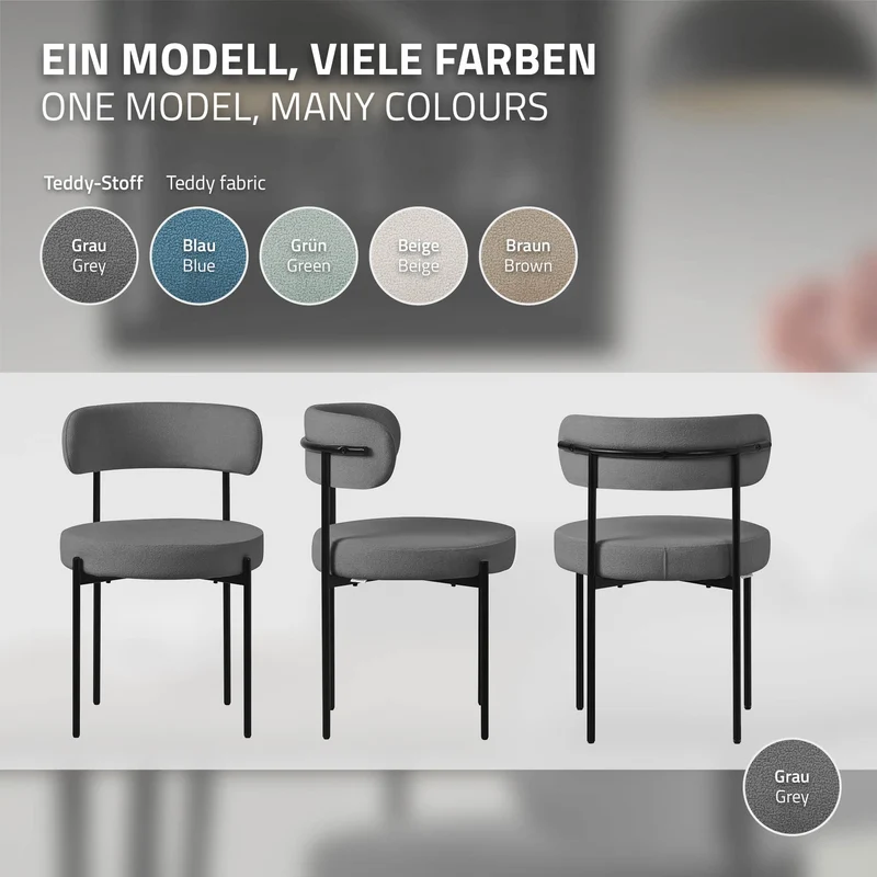 Esszimmerstuhl 6er Set mit Teddystoff mit Rückenlehne Grau Küchenstuhl ML-Design