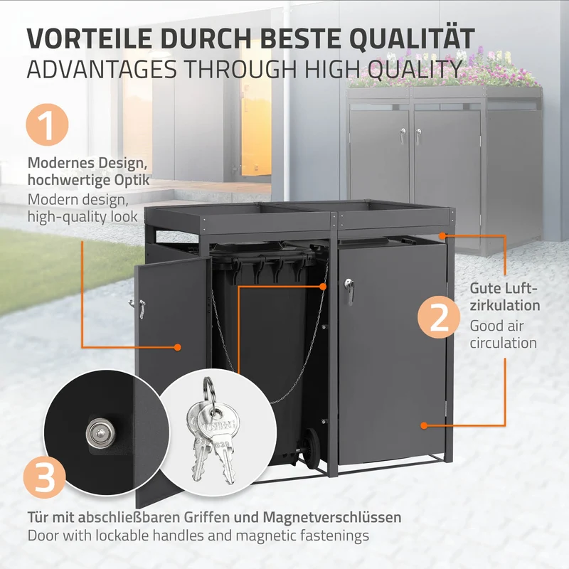 Mülltonnenbox mit Pflanzdach 4er bis 240L 264x80x124 cm aus Stahl in Anthrazit ML-Design