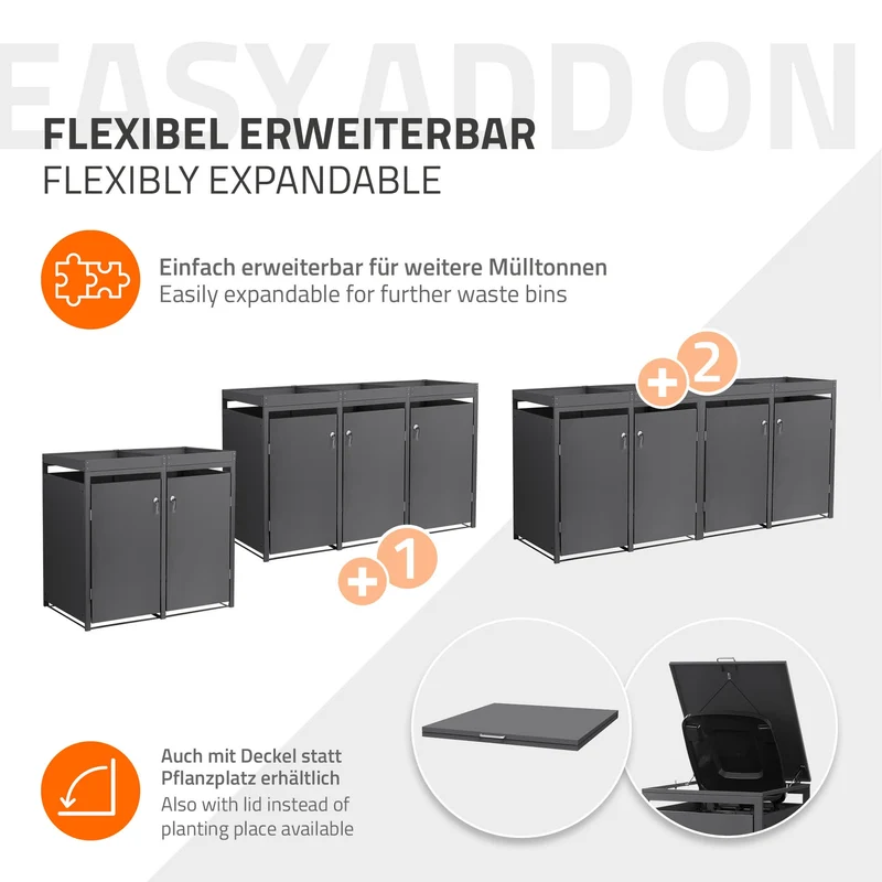 Mülltonnenbox mit Pflanzdach 4er bis 240L 264x80x124 cm aus Stahl in Anthrazit ML-Design