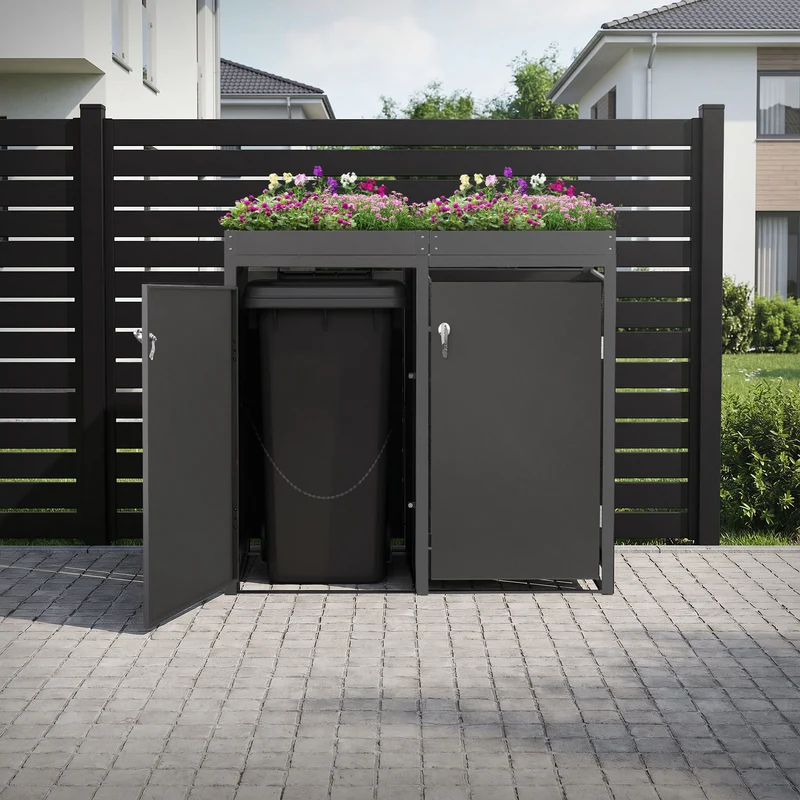 Mülltonnenbox mit Pflanzdach 4er bis 240L 264x80x124 cm aus Stahl in Anthrazit ML-Design