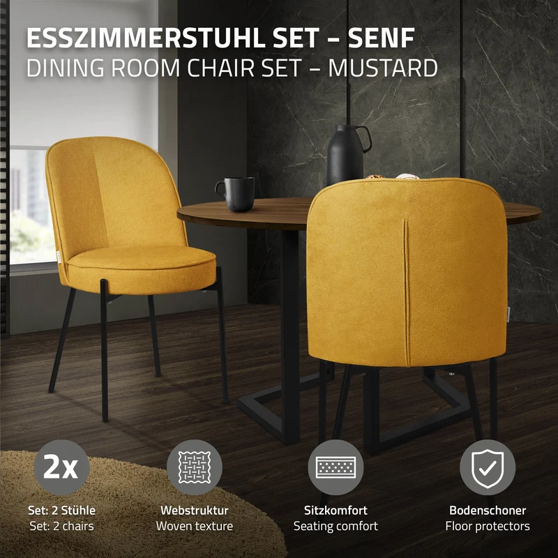 Esszimmerstühle 2er Set Senf mit Rückenlehne, Polsterstühle für Esszimmer & Küche ML-Design