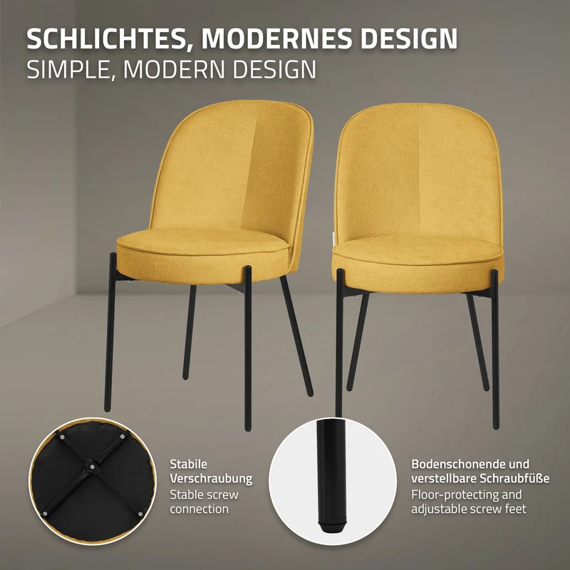 Esszimmerstühle 2er Set Senf mit Rückenlehne, Polsterstühle für Esszimmer & Küche ML-Design