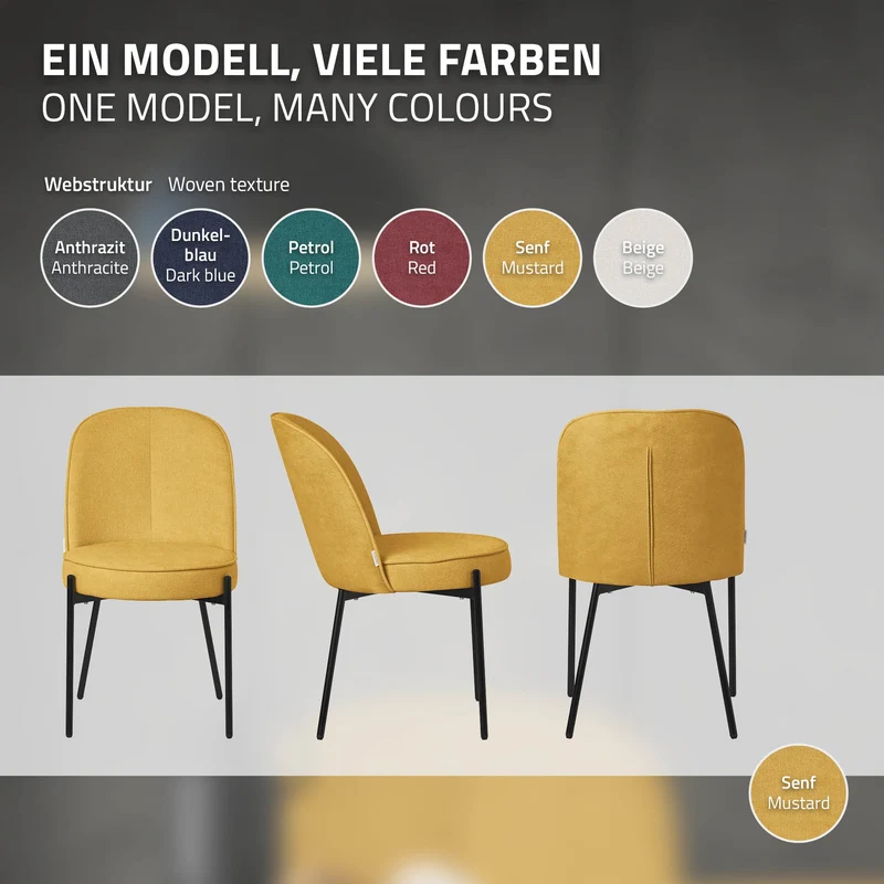 Esszimmerstühle 2er Set Senf mit Rückenlehne, Polsterstühle für Esszimmer & Küche ML-Design
