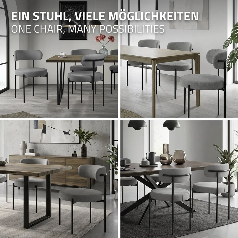 Esszimmerstuhl 4er Set mit Teddystoff mit Rückenlehne Grau Küchenstuhl ML-Design