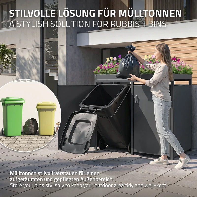 Mülltonnenbox mit Pflanzdach 3er bis 240L 200x80x124 cm aus Stahl in Anthrazit ML-Design