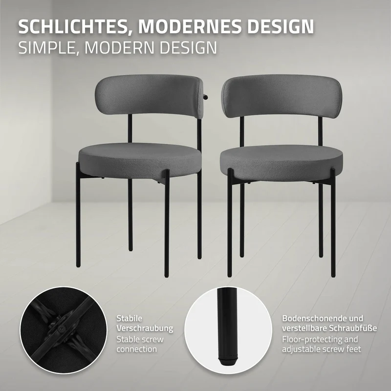 Esszimmerstuhl 2er Set mit Teddystoff mit Rückenlehne Grau Küchenstuhl ML-Design
