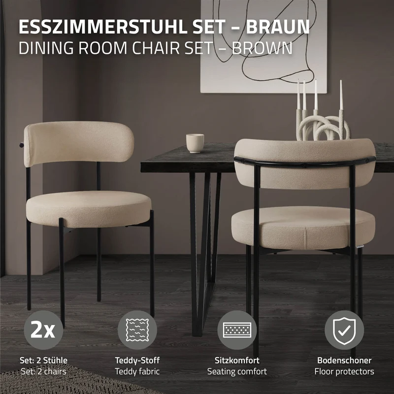 Esszimmerstuhl 2er Set mit Teddystoff mit Rückenlehne Braun Küchenstuhl ML-Design