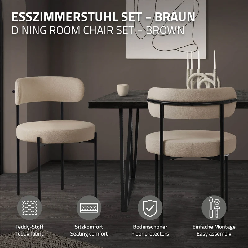 Esszimmerstuhl 2er Set mit Teddystoff mit Rückenlehne Braun Küchenstuhl ML-Design