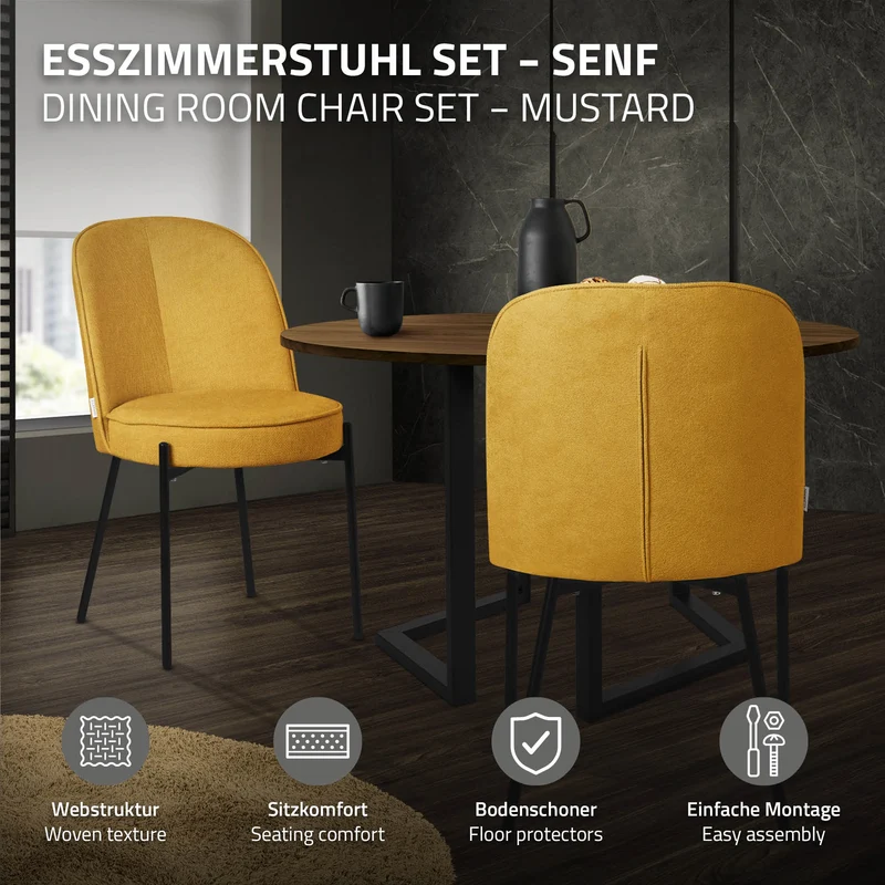 Esszimmerstühle 4er Set Senf mit Rückenlehne, Polsterstühle für Esszimmer & Küche ML-Design