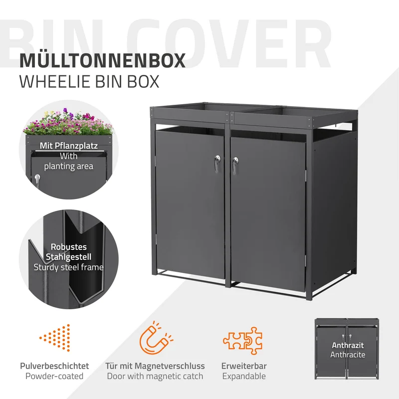 Mülltonnenbox mit Pflanzdach 2er bis 240L 132x80x124 cm aus Stahl in Anthrazit ML-Design