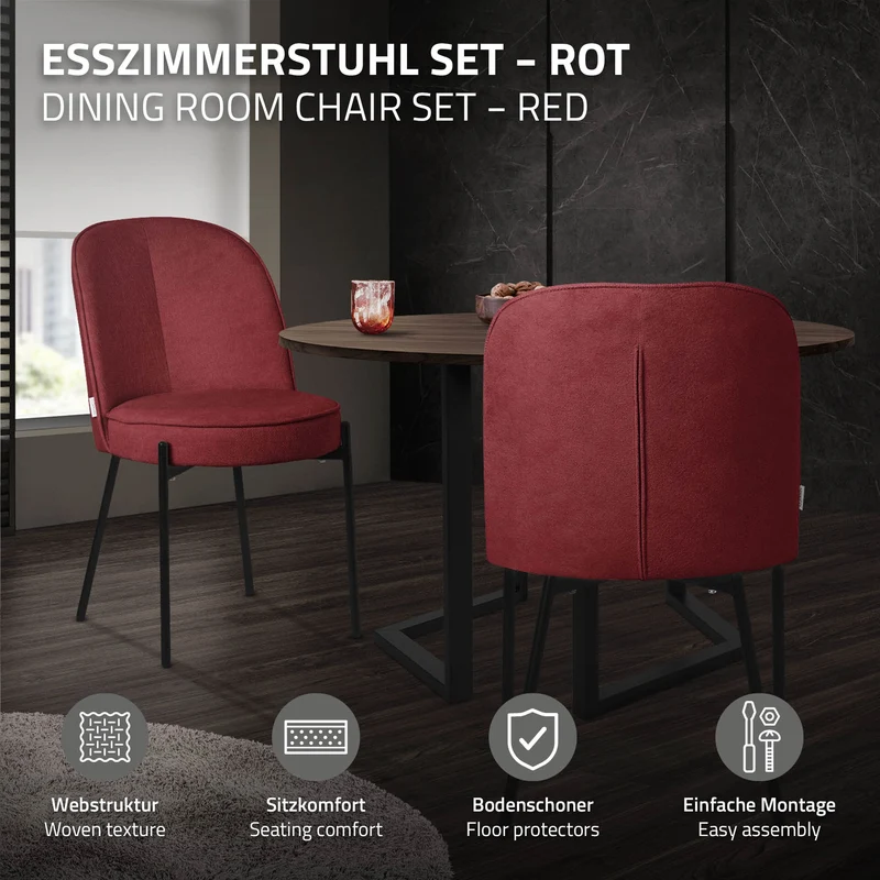 Esszimmerstühle 4er Set Rot mit Rückenlehne, Polsterstühle für Esszimmer & Küche ML-Design