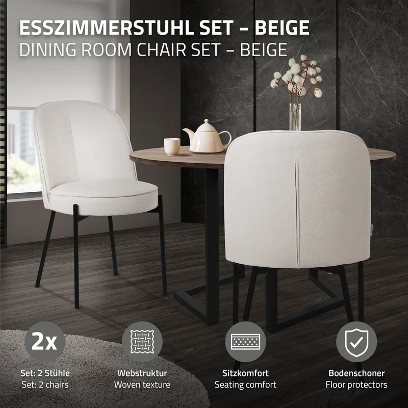 Esszimmerstühle 2er Set Beige mit Rückenlehne, Polsterstühle für Esszimmer & Küche ML-Design