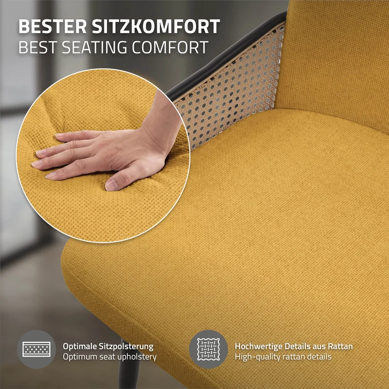 Esszimmerstühle 2er Set Senf mit Arm- & Rückenlehne, Polsterstühle für Esszimmer & Küche ML-Design