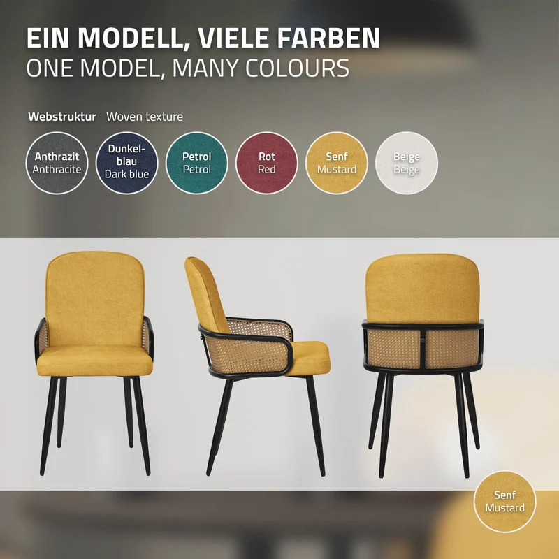 Esszimmerstühle 2er Set Senf mit Arm- & Rückenlehne, Polsterstühle für Esszimmer & Küche ML-Design