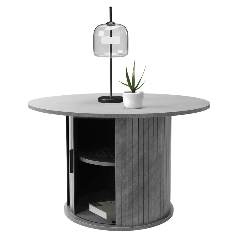Couchtisch mit Schiebetür Ø80x50 cm Beton-Optik Grau Runder Wohnzimmertisch mit Stauraum ML-Design