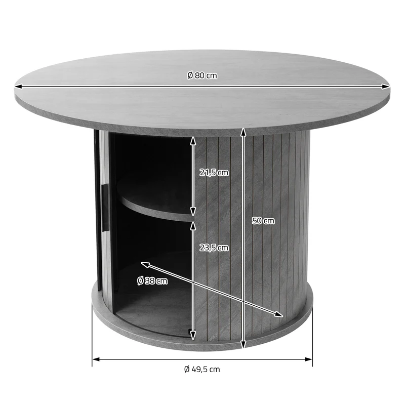 Couchtisch mit Schiebetür Ø80x50 cm Beton-Optik Grau Runder Wohnzimmertisch mit Stauraum ML-Design