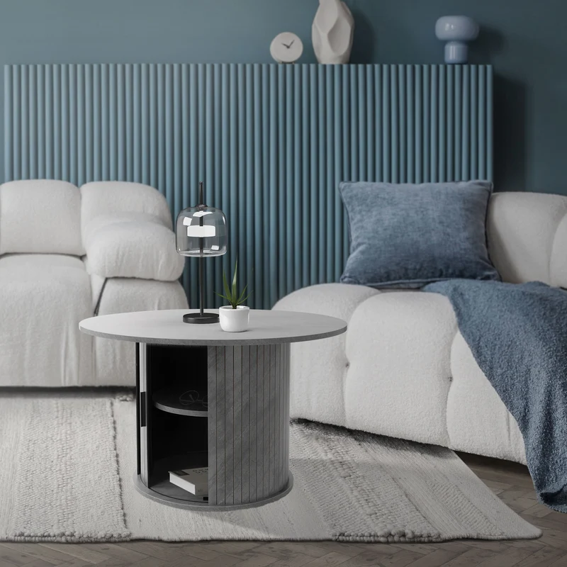 Couchtisch mit Schiebetür Ø80x50 cm Beton-Optik Grau Runder Wohnzimmertisch mit Stauraum ML-Design