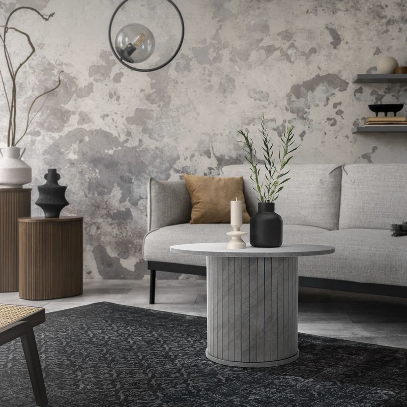 Couchtisch rund Ø60 x 40 cm, Beton-Optik, Grau, Wohnzimmertisch ML-Design