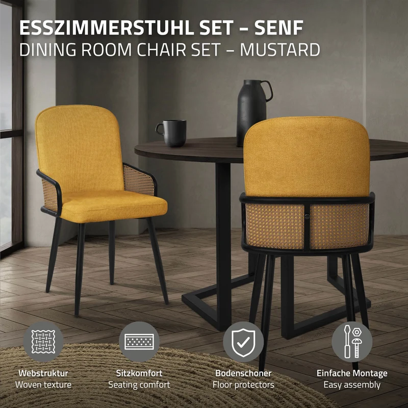 Esszimmerstühle 6er Set Senf mit Arm- & Rückenlehne, Polsterstühle für Esszimmer & Küche ML-Design