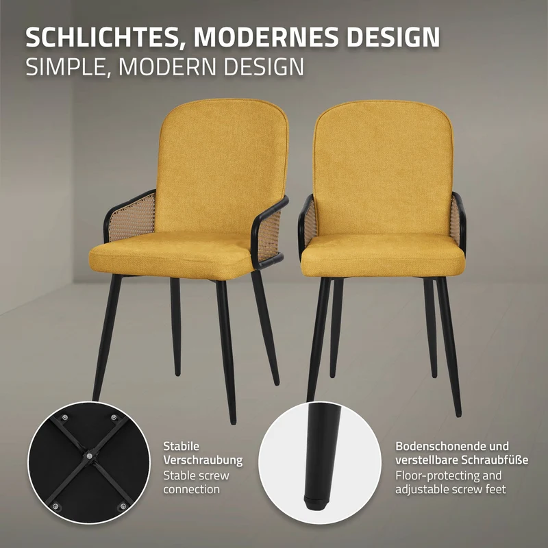 Esszimmerstühle 6er Set Senf mit Arm- & Rückenlehne, Polsterstühle für Esszimmer & Küche ML-Design