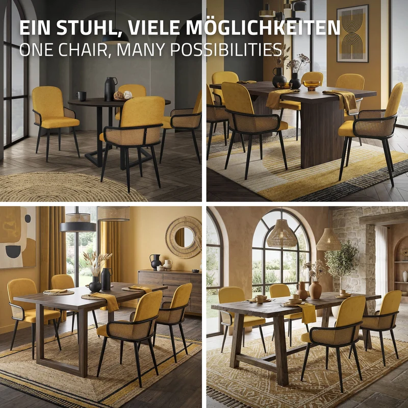 Esszimmerstühle 6er Set Senf mit Arm- & Rückenlehne, Polsterstühle für Esszimmer & Küche ML-Design