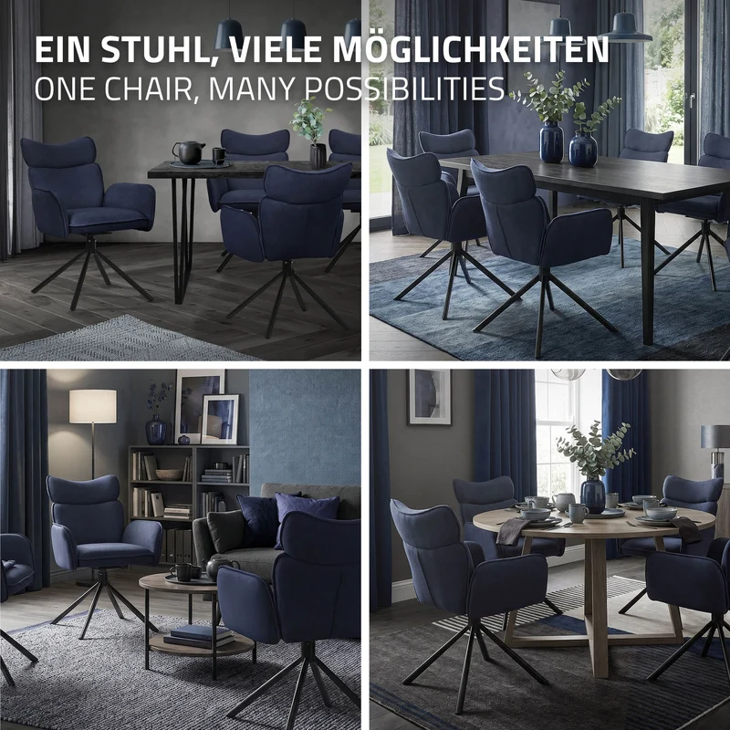 Esszimmerstuhl 6er Set drehbar Dunkelblau mit Rücken- und Armlehne bis 120 kg ML-Design