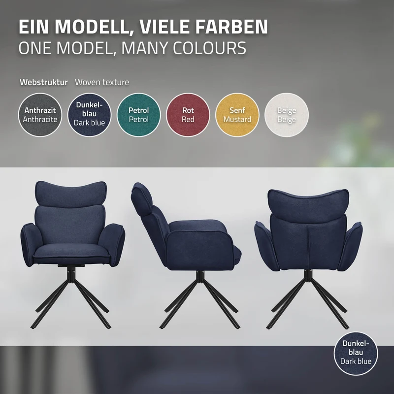 Esszimmerstuhl 6er Set drehbar Dunkelblau mit Rücken- und Armlehne bis 120 kg ML-Design