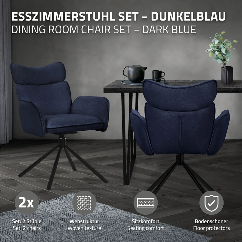 Esszimmerstuhl 2er Set drehbar Dunkelblau mit Rücken- und Armlehne bis 120 kg ML-Design