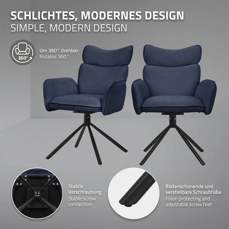 Esszimmerstuhl 2er Set drehbar Dunkelblau mit Rücken- und Armlehne bis 120 kg ML-Design