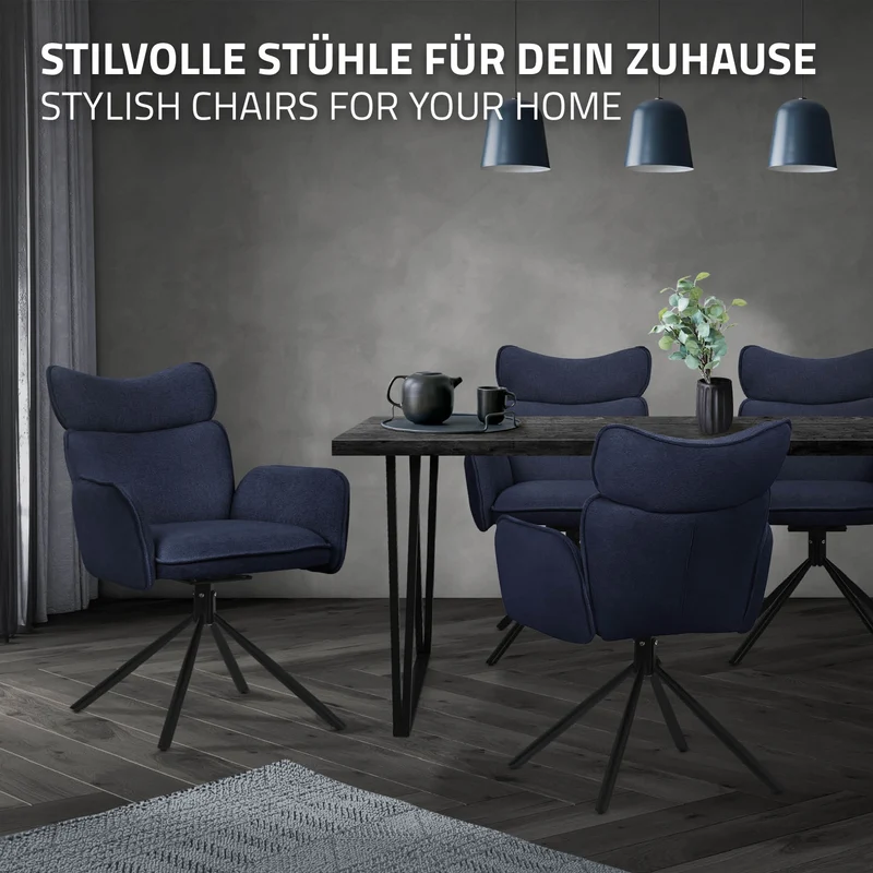 Esszimmerstuhl 2er Set drehbar Dunkelblau mit Rücken- und Armlehne bis 120 kg ML-Design