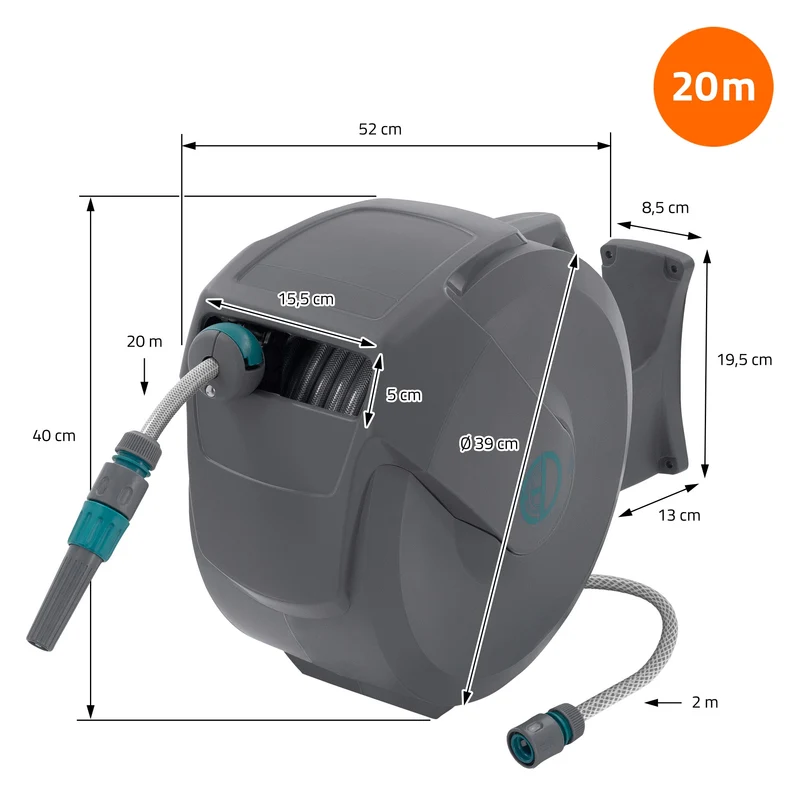 Schlauchaufroller 20m+2m Schlauchtrommel Wand-Schlauchbox RollUp mit Arretierstop und 9 Sprühfunktionen 180° Schwenkbar
