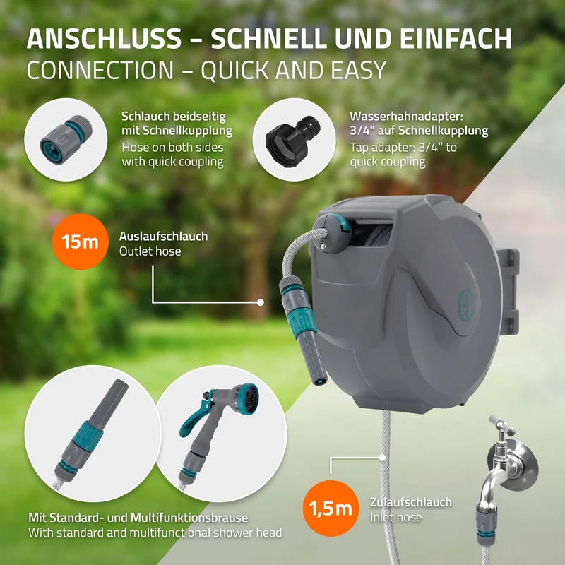 Schlauchaufroller 15m+1.5m Schlauchtrommel Wand-Schlauchbox RollUp mit Arretierstop und 9 Sprühfunktionen 180° Schwenkbar