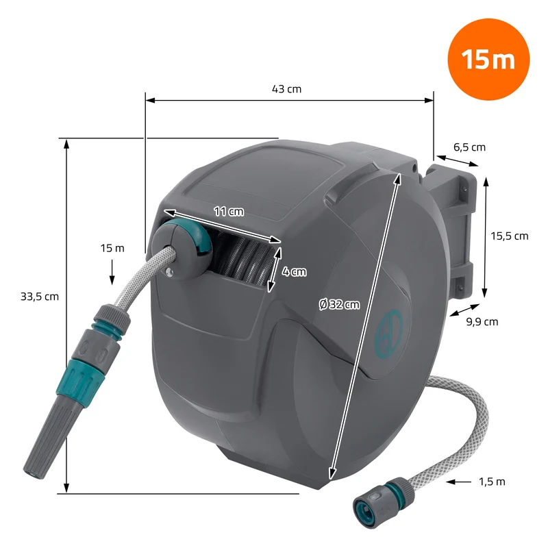 Schlauchaufroller 15m+1.5m Schlauchtrommel Wand-Schlauchbox RollUp mit Arretierstop und 9 Sprühfunktionen 180° Schwenkbar