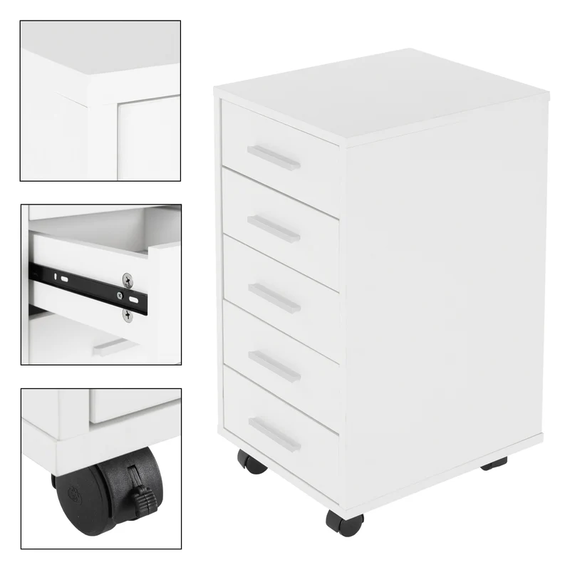 Rollcontainer, mobiler Aktenschrank, 33x38x63,5 cm, Büroschrank mit 5 Schubladen, Lagerschrank für Büro & Homeoffice ML-Design