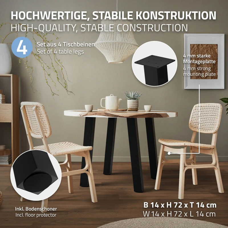 4er Set Tischbeine schräg 72 cm Schwarz glänzend aus Stahl eckig Profil 8x8 cm I-Form 96° Neigung ML-Design