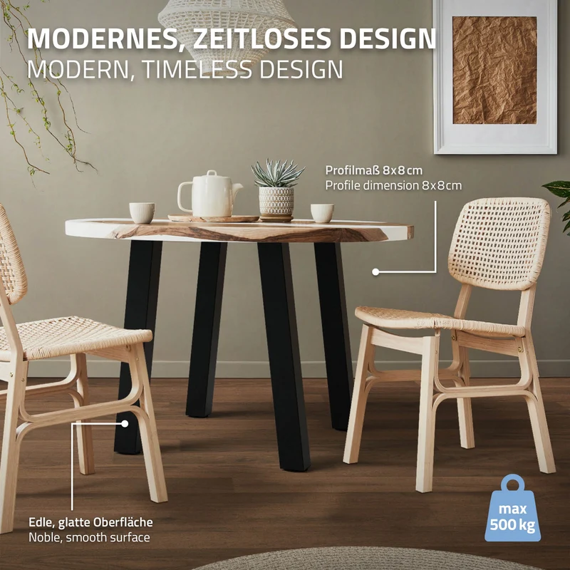 4er Set Tischbeine schräg 72 cm Schwarz glänzend aus Stahl eckig Profil 8x8 cm I-Form 96° Neigung ML-Design