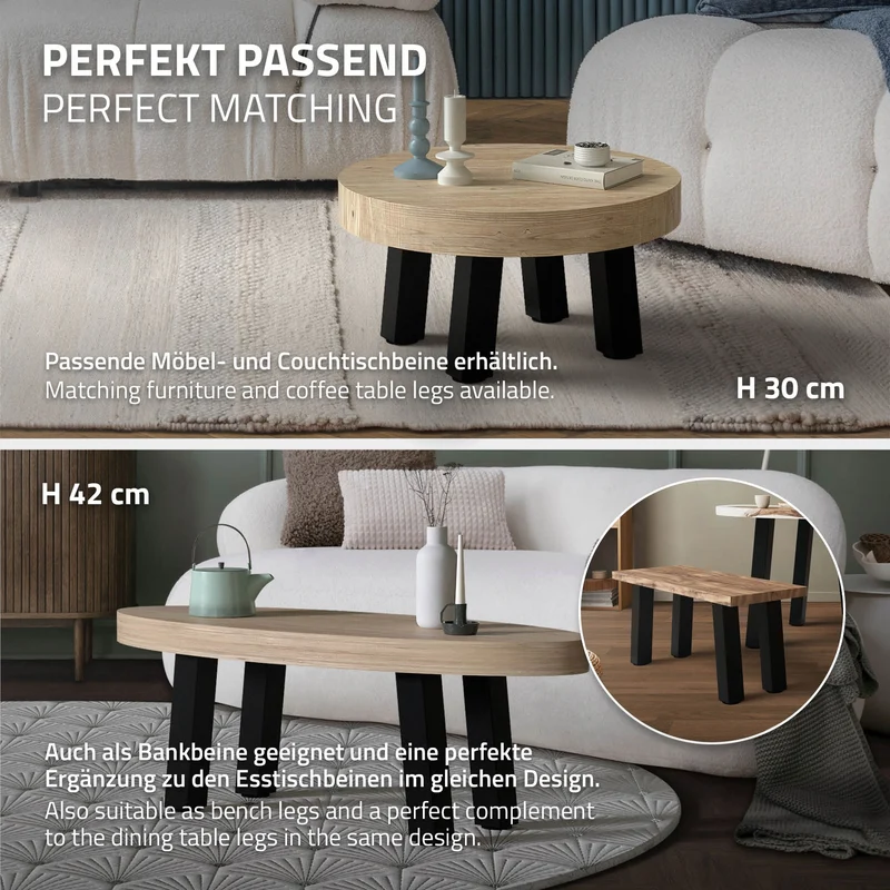 4er Set Tischbeine schräg 72 cm Schwarz glänzend aus Stahl eckig Profil 8x8 cm I-Form 96° Neigung ML-Design