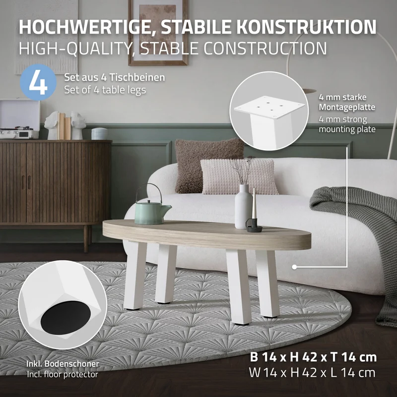 4er Set Tischbeine schräg H:42 cm Weiß glänzend aus Stahl eckig Profil 8x8 cm I-Form 96° Neigung ML-Design