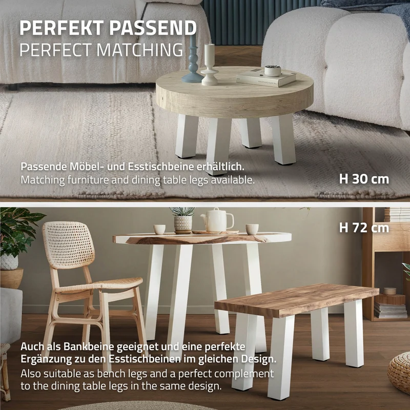 4er Set Tischbeine schräg H:42 cm Weiß glänzend aus Stahl eckig Profil 8x8 cm I-Form 96° Neigung ML-Design