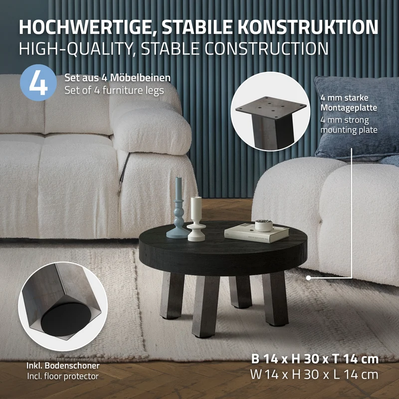 4er Set Tischbeine schräg H30 cm Optik Industrial Stahl Profil 8x8 cm I-Form 96° Neigung ML-Design