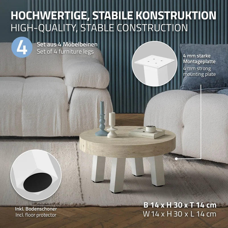 4er Set Tischbeine schräg H30 cm Weiß glänzend aus Stahl eckig Profil 8x8 cm I-Form 96° Neigung ML-Design