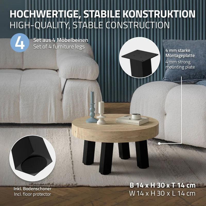 4er Set Tischbeine schräg H30 cm Schwarz glänzend aus Stahl eckig Profil 8x8 cm I-Form Möbelfüße Metall 96° Neigung ML-Design