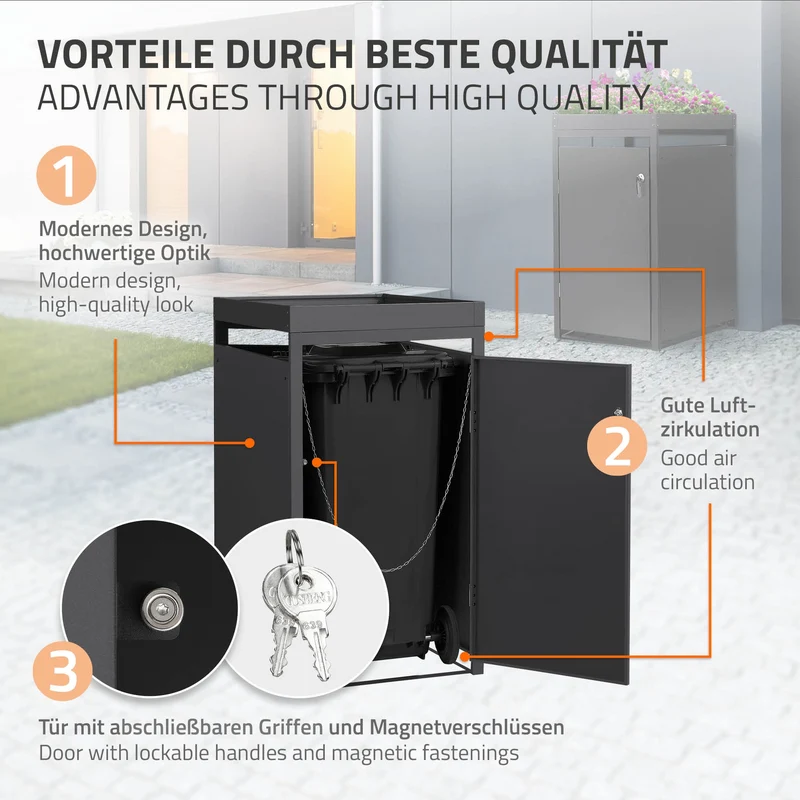 Mülltonnenbox mit Pflanzdach 1er bis 240L 68x80x124 cm aus Stahl in Anthrazit ML-Design