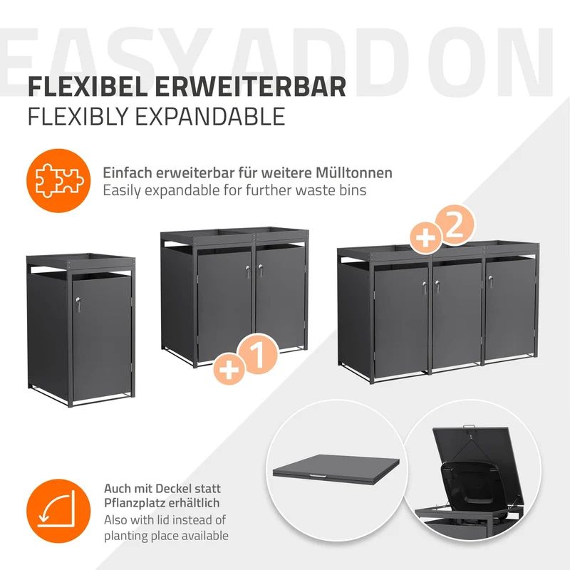 Mülltonnenbox mit Pflanzdach 1er bis 240L 68x80x124 cm aus Stahl in Anthrazit ML-Design