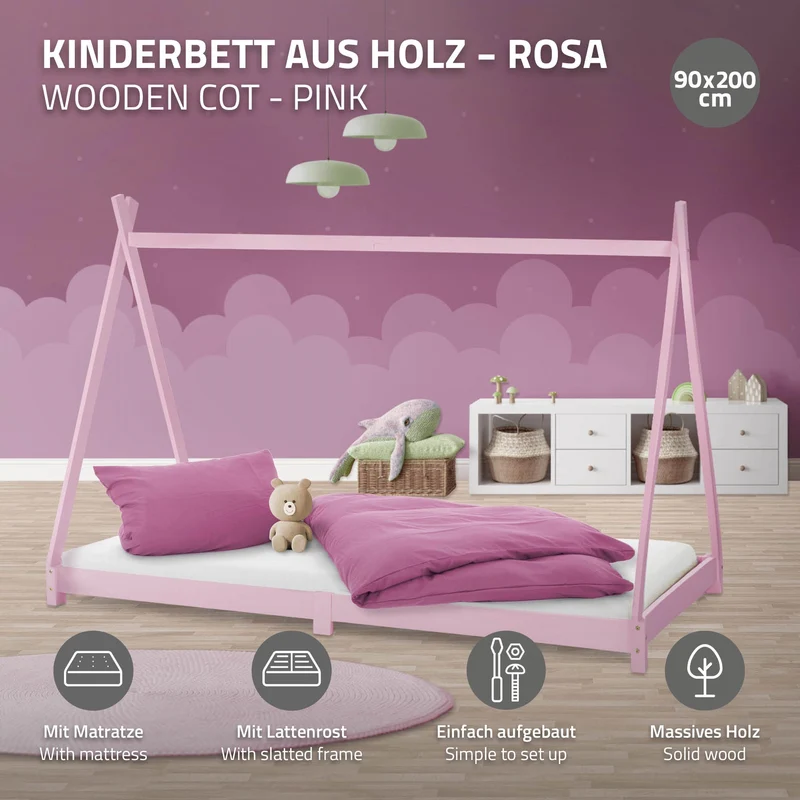 Kinderbett Tipi 90x200 cm Rosa aus Kiefernholz inkl. Matratze H-10cm Holzbett mit Lattenrost ML-Design
