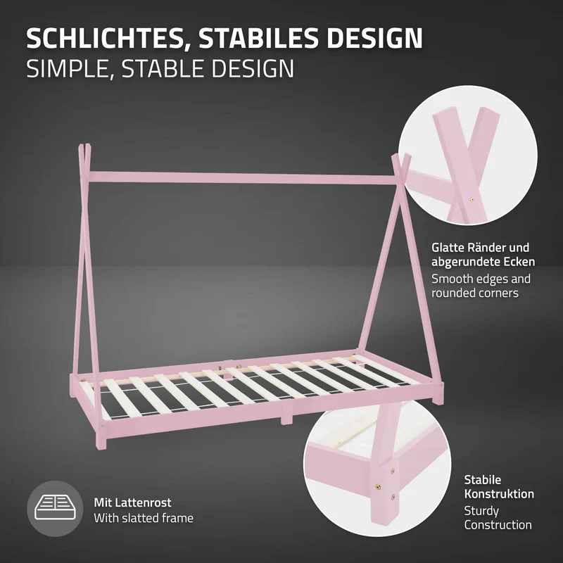 Kinderbett Tipi 90x200 cm Rosa aus Kiefernholz inkl. Matratze H-10cm Holzbett mit Lattenrost ML-Design