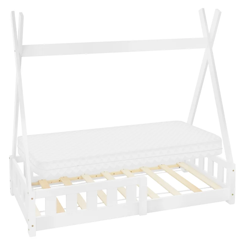 Kinderbett Tipi aus Kiefernholz mit Lattenrost, Rausfallschutz & Wahlweise Matratze ML-Design