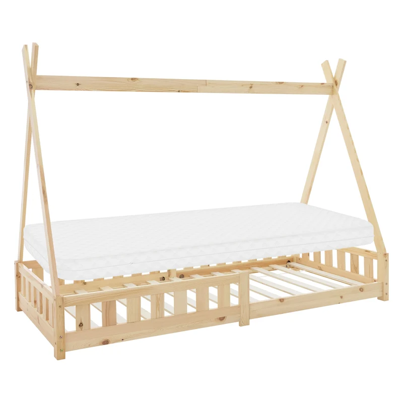 Kinderbett Tipi aus Kiefernholz mit Lattenrost, Rausfallschutz & Wahlweise Matratze ML-Design