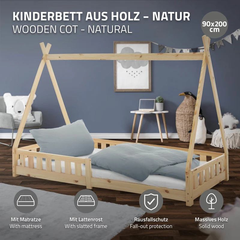 Kinderbett Tipi 90x200 cm aus Kiefernholz inkl. Matratze H-10cm Rausfallschutz und Lattenrost ML-Design